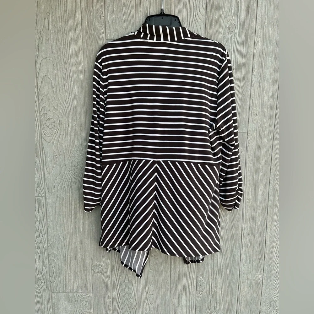 Chico's Deep Brown/Black and White Striped Stretchy Open Front Cardigan Size 2 - Picture 2 of 6